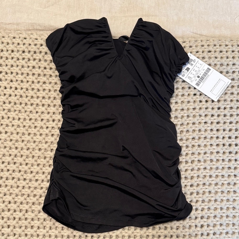 Women's Black Ruched V-Neck Top